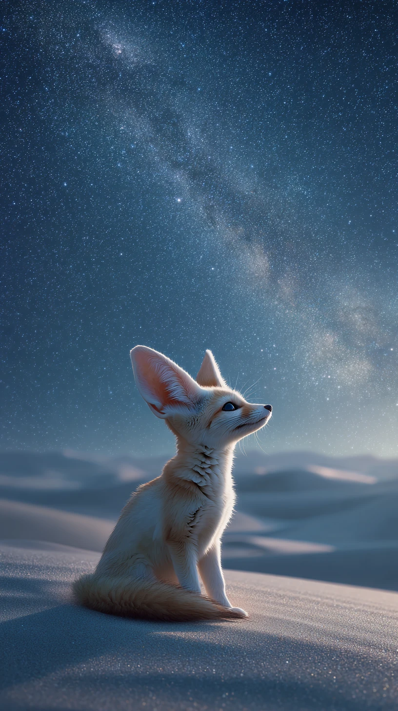 Fennec fox on a moonlit saharan dune under starry sky