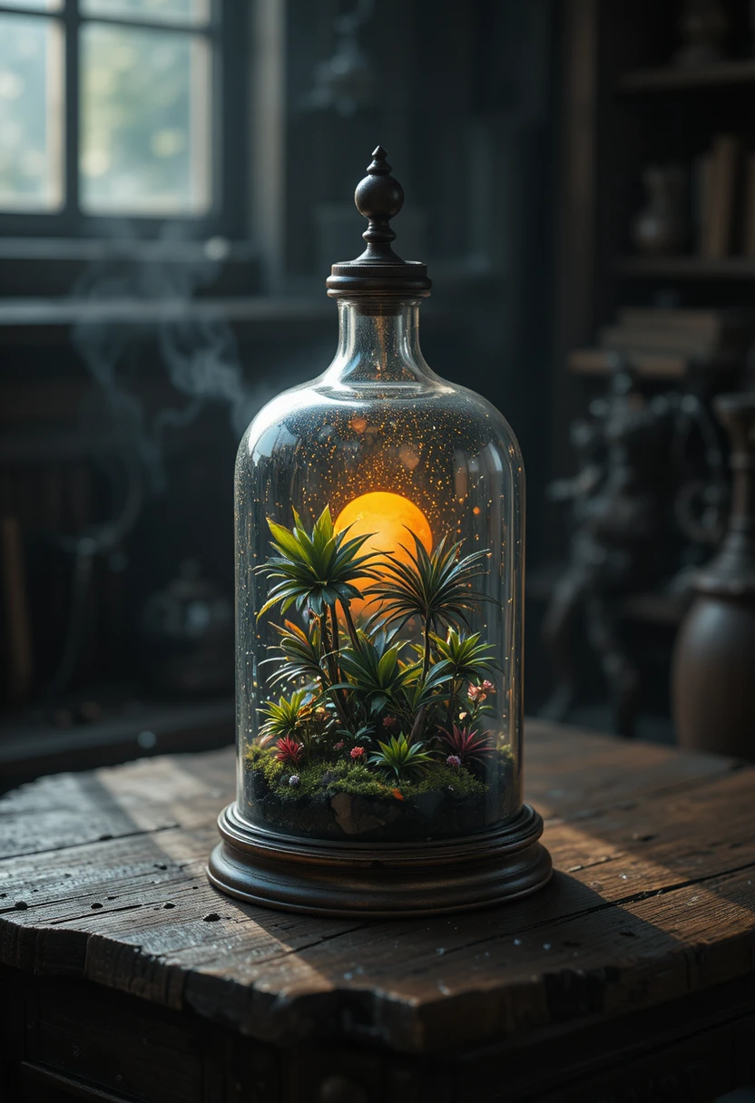 Terrario de vidrio antiguo sobre mesa de madera oscura a la luz de la ventana