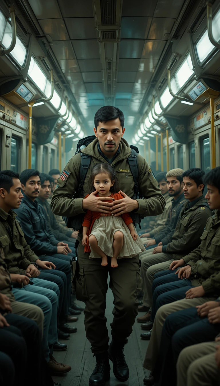 Young commando protects his sister in a tense train carriage