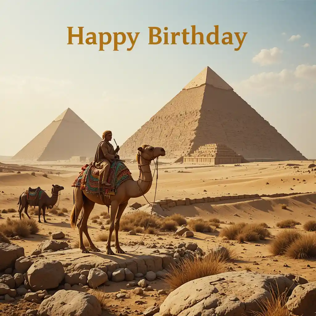 Happy birthday card with pyramids and camel in desert