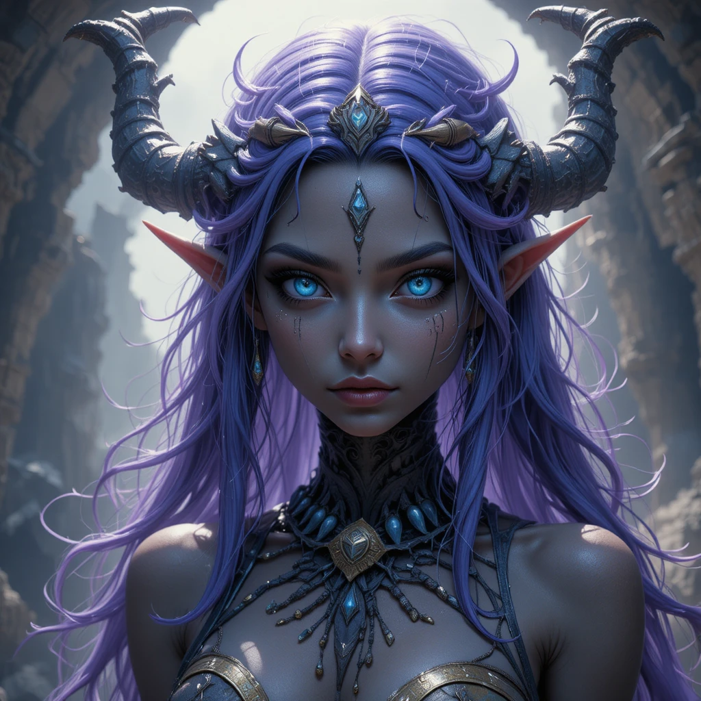 Elder goddess of shadow and death with pale skin and violet hair