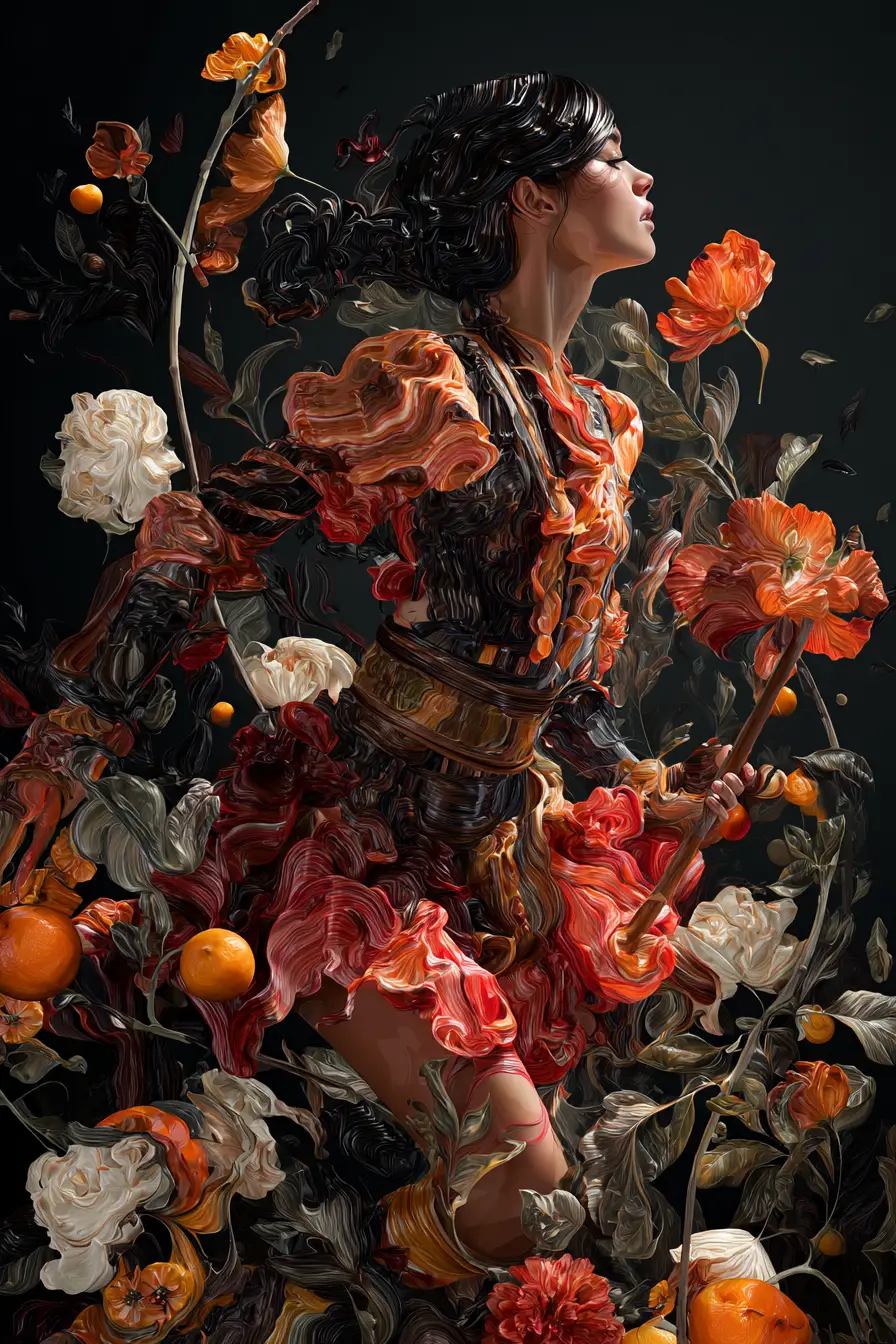 Passionate woman with flowing floral and fruit forms