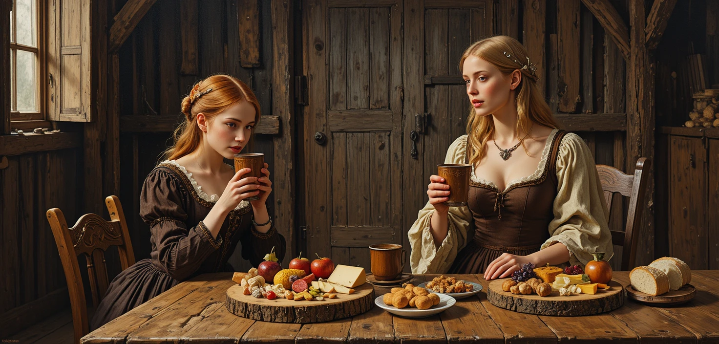 Two women sharing drinks at a rustic wooden table
