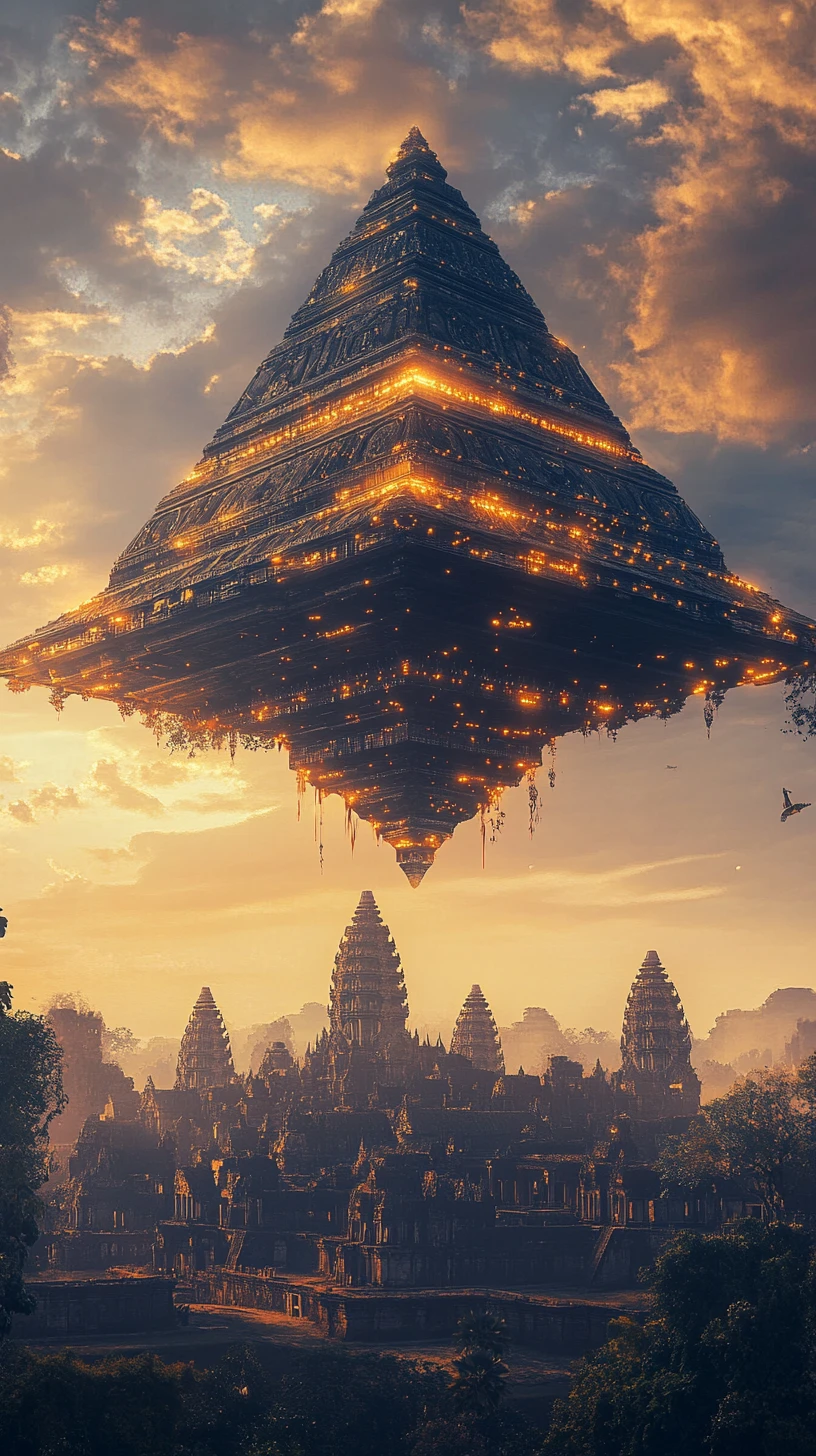 Vimana futurista flotando sobre Angkor Wat al atardecer