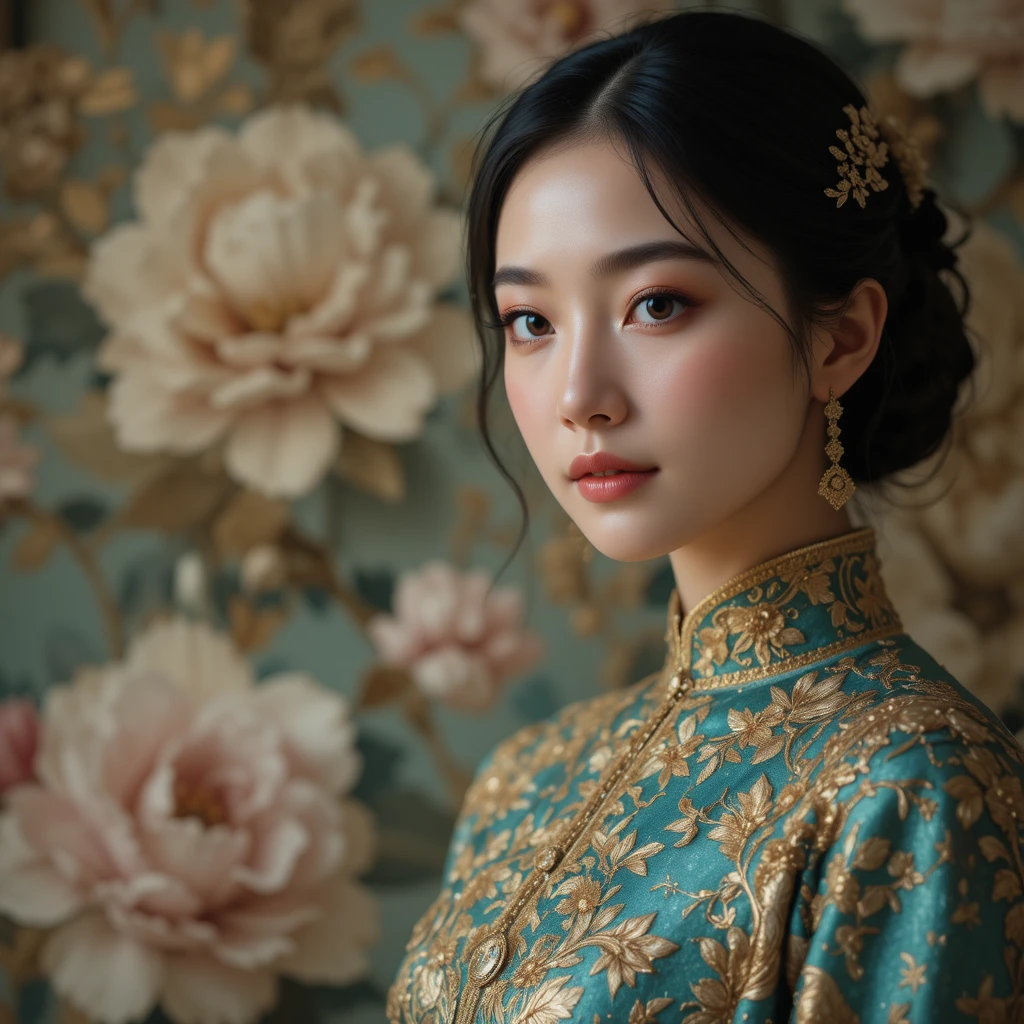 華麗金色與青綠錦緞禮服女子肖像