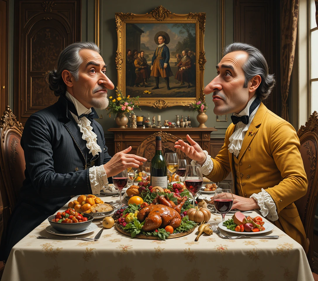 Dos nobles cenando en una suntuosa mesa de banquete histórico