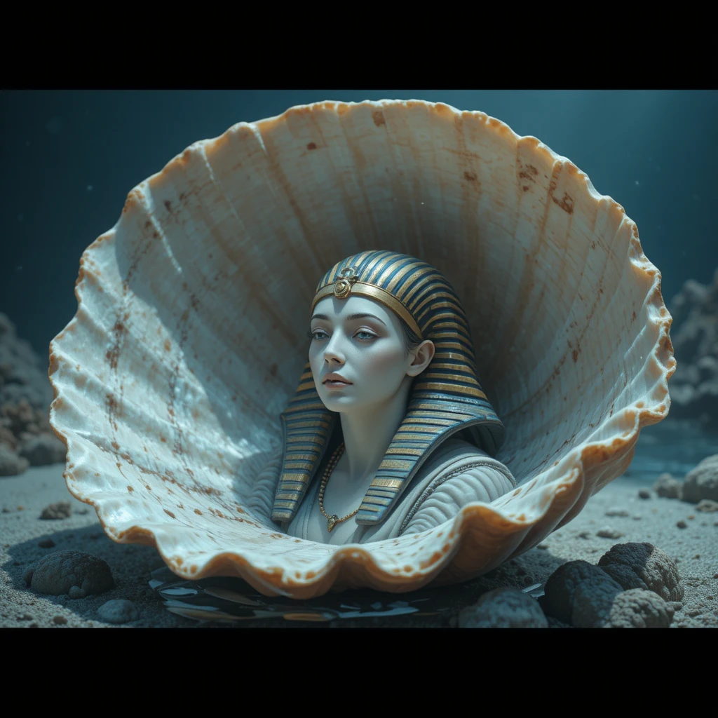 Gigantic seashell resting in shallow seawater at the shore