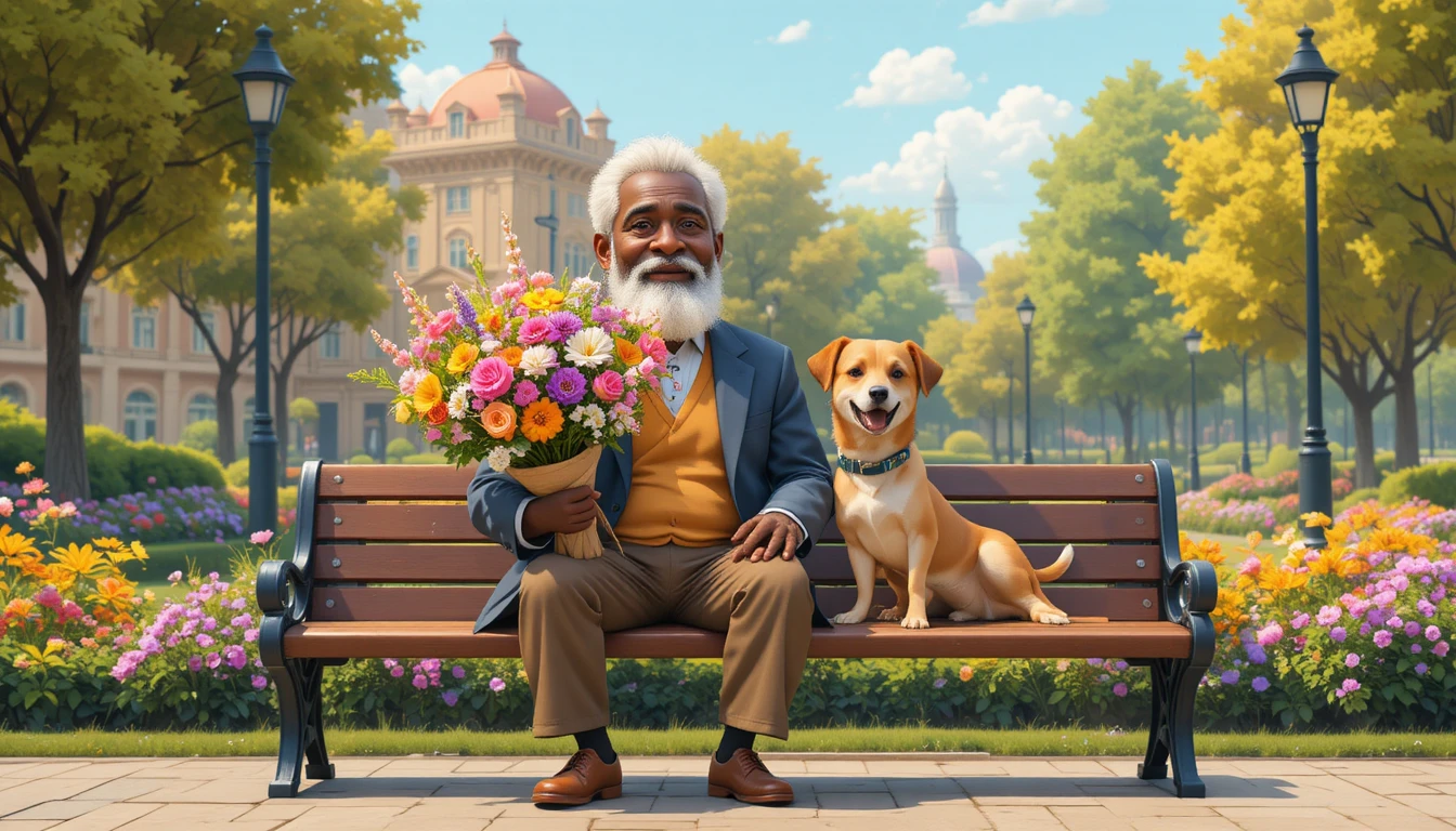 Abuelo africano con flores y perro en un banco del parque