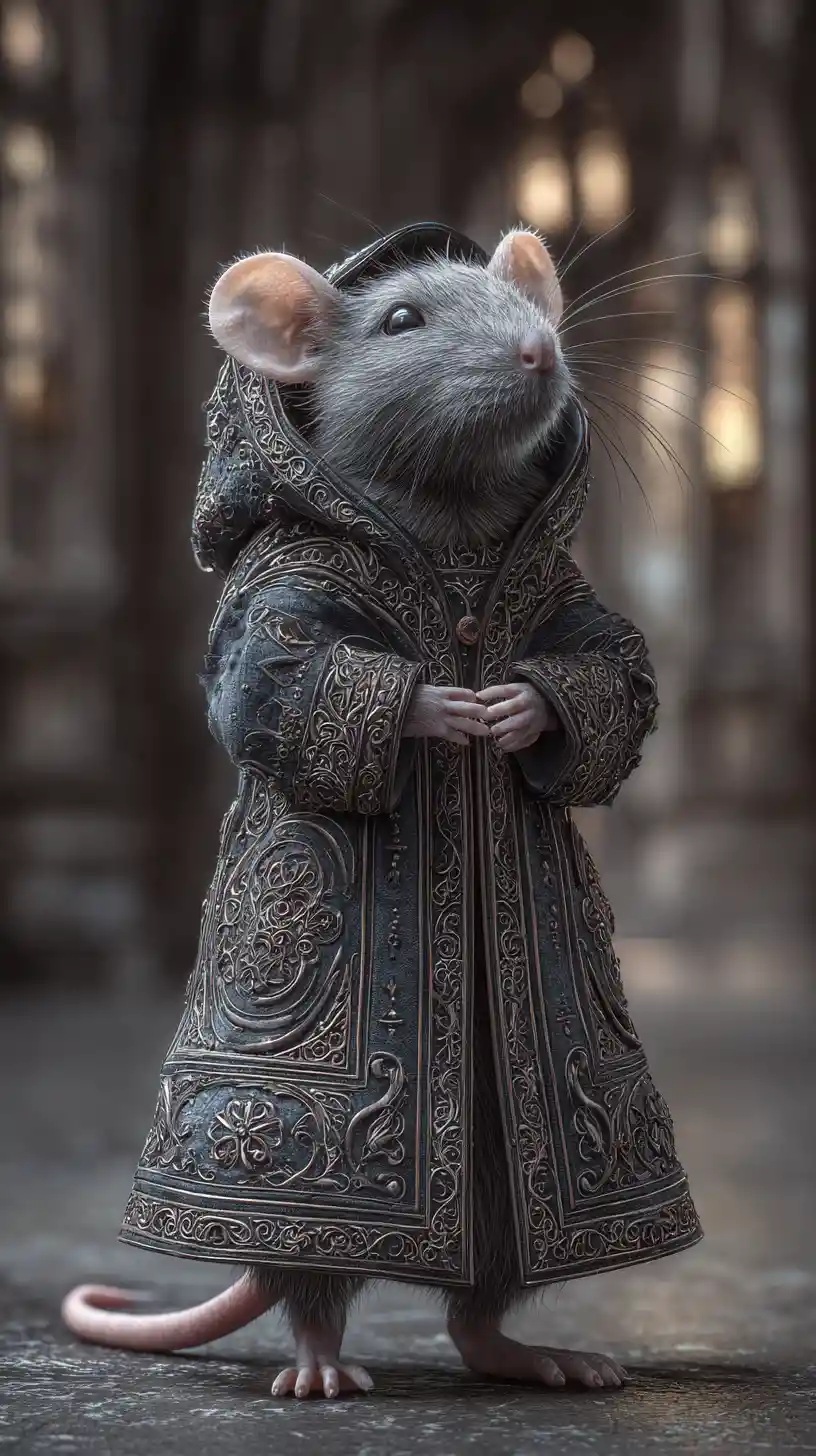 Süße Ratte im verzierten Hoodie in einer verträumten gotischen Stadt