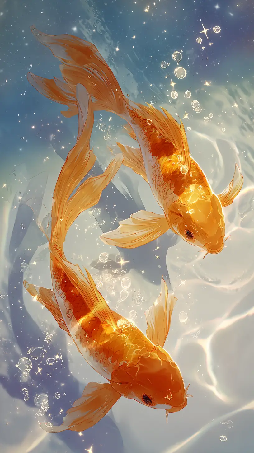 Golden koi fish swimming in luminous anime water