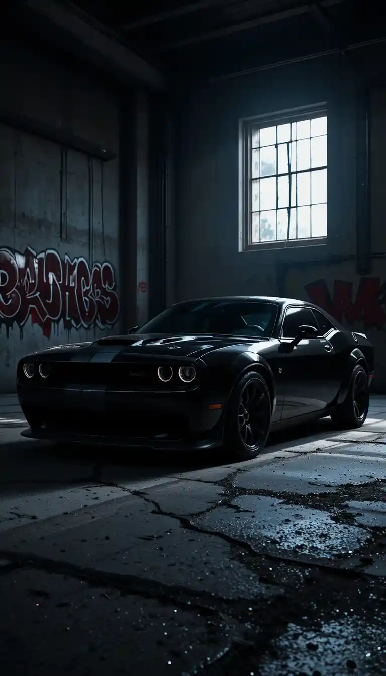 Black muscle car in moody industrial garage lighting