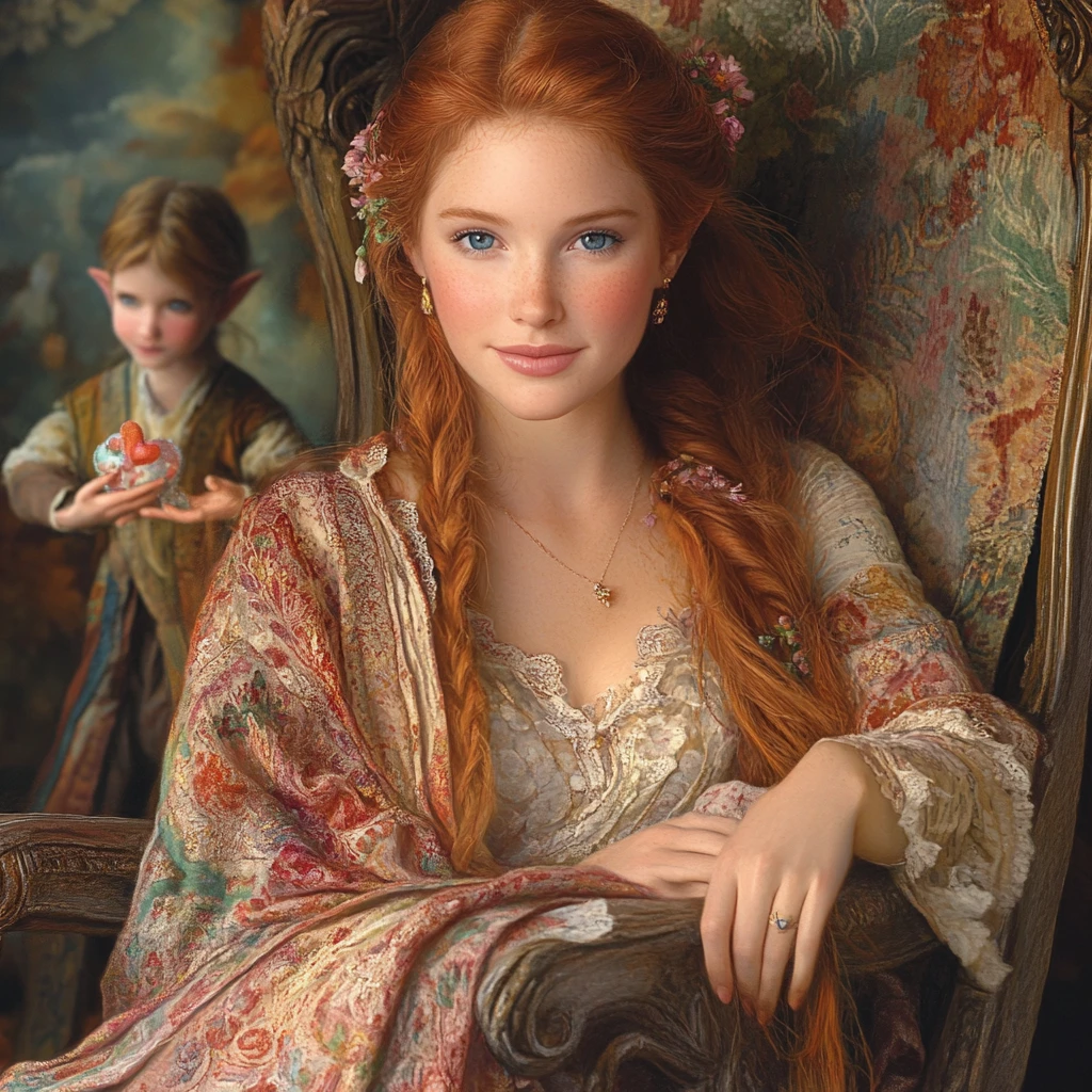 Fillette rousse souriante avec elfe et cadeau en forme de cœur