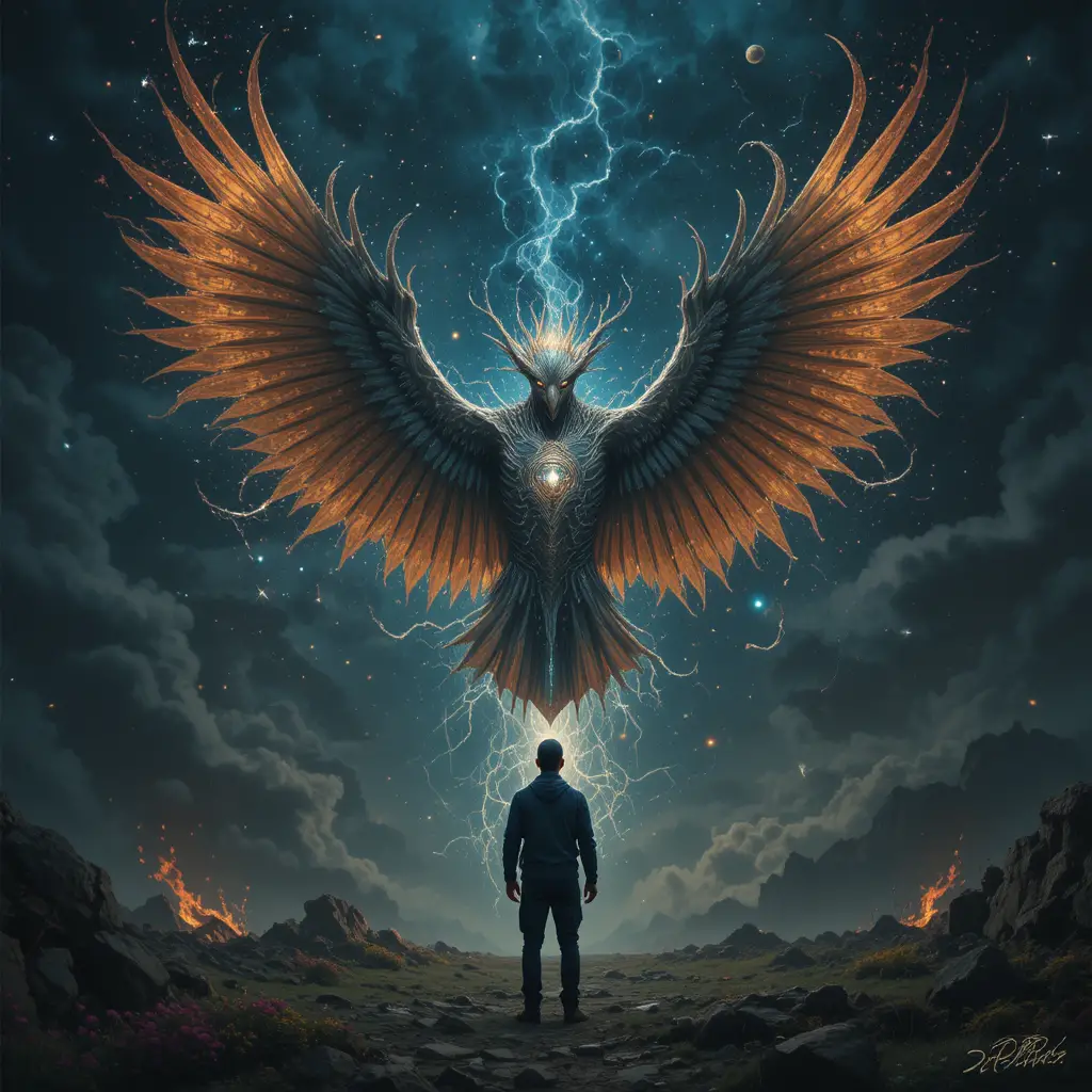 Evil Cosmic Bird Entity Confronting A Lonely Vagabond