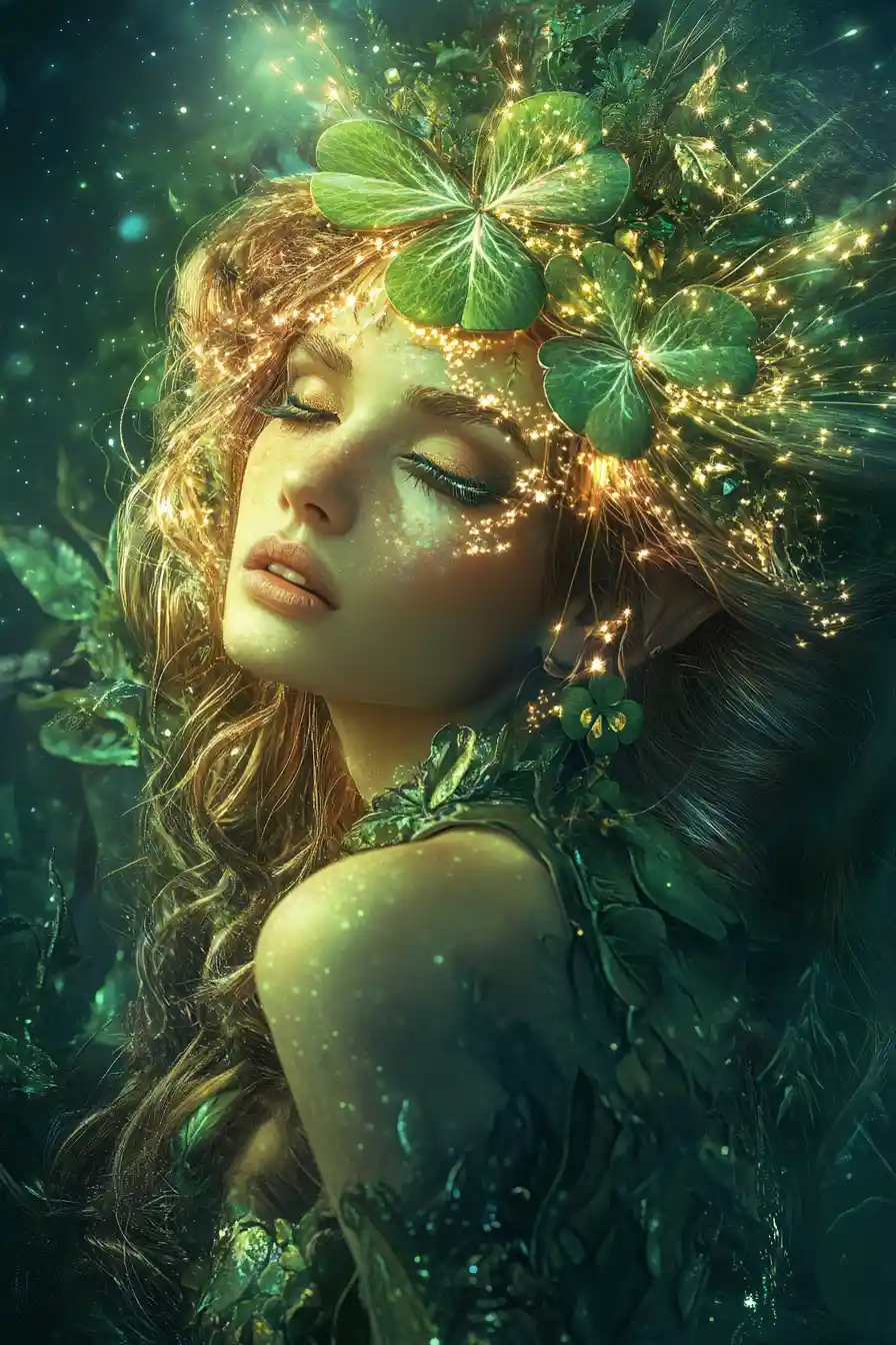 Fantasy leprechaun woman framed by radiant starburst light