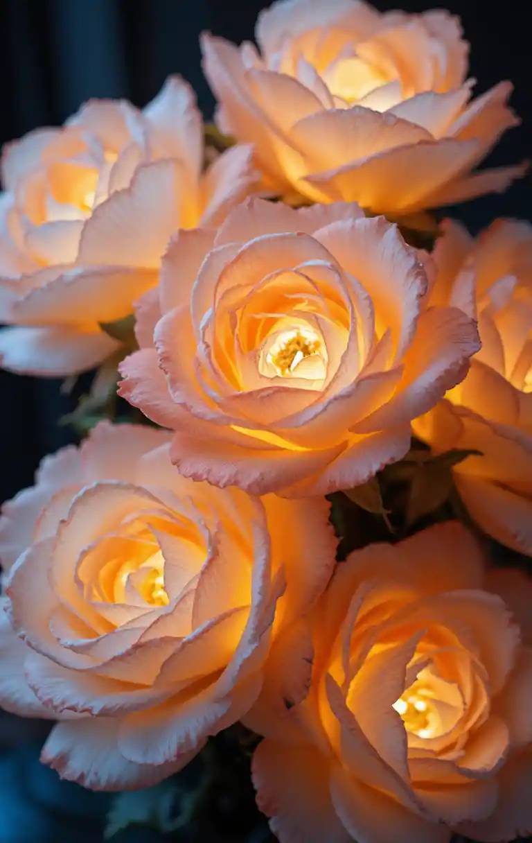 Rose pastello luminose con petali traslucidi su sfondo scuro