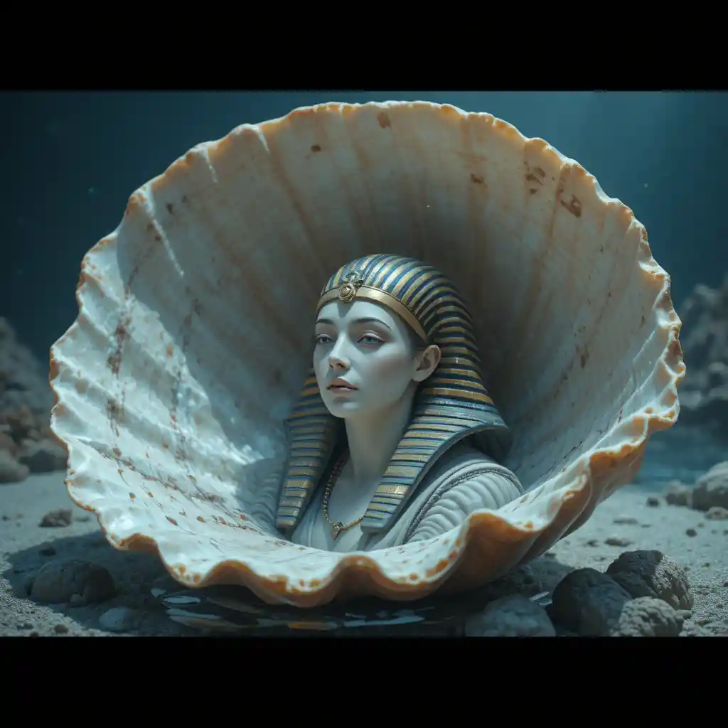 Gigantic seashell resting in shallow seawater at the shore