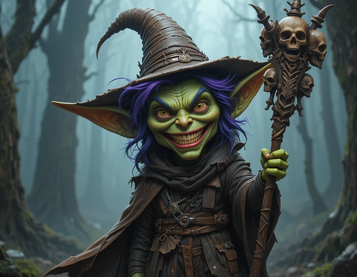 Grinning Goblin With Staff In Foggy Fantasy Forest