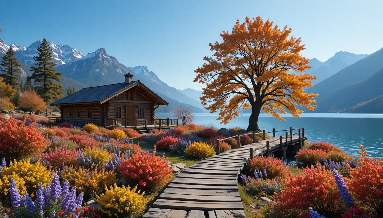 Cabaña rústica de madera junto a un lago lleno de flores