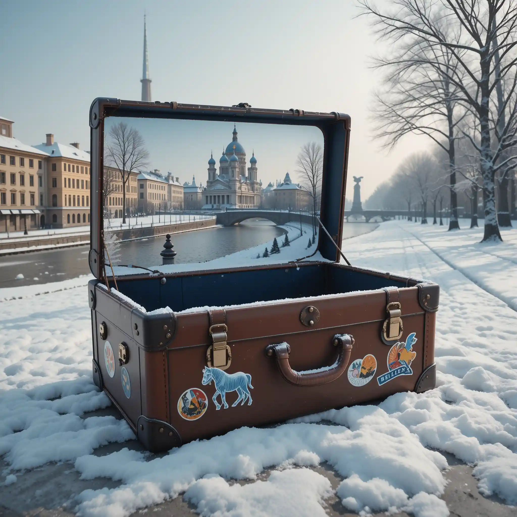 Vintage-Koffer im Schnee mit Winterstadt-Panorama
