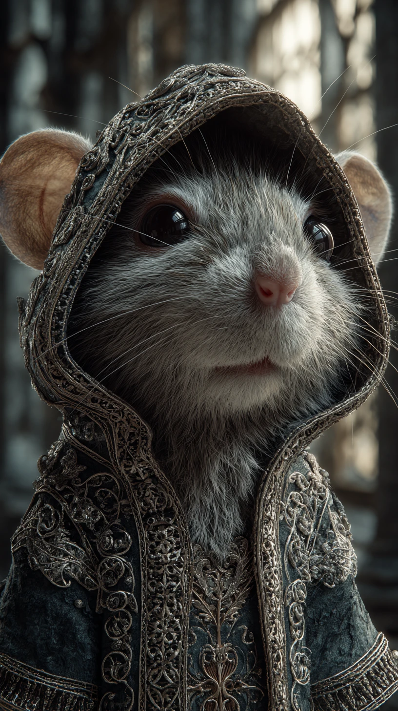 Retrato cinematográfico de una rata esponjosa con sudadera ornamentada