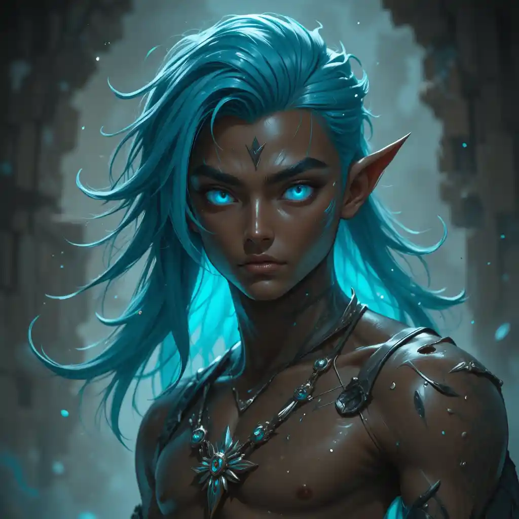 Dark skinned god of death with blue eyes and turquoise hair