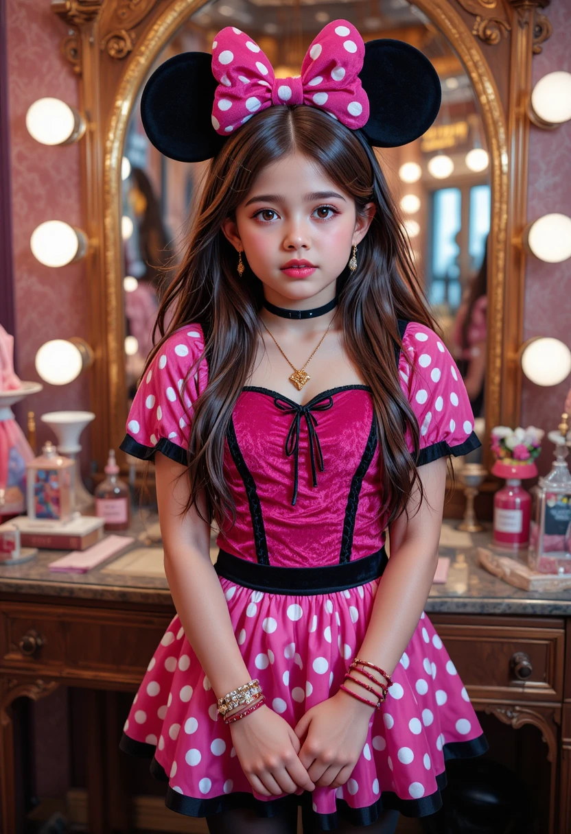 Tween boy dressed as Minnie Mouse in boutique interior