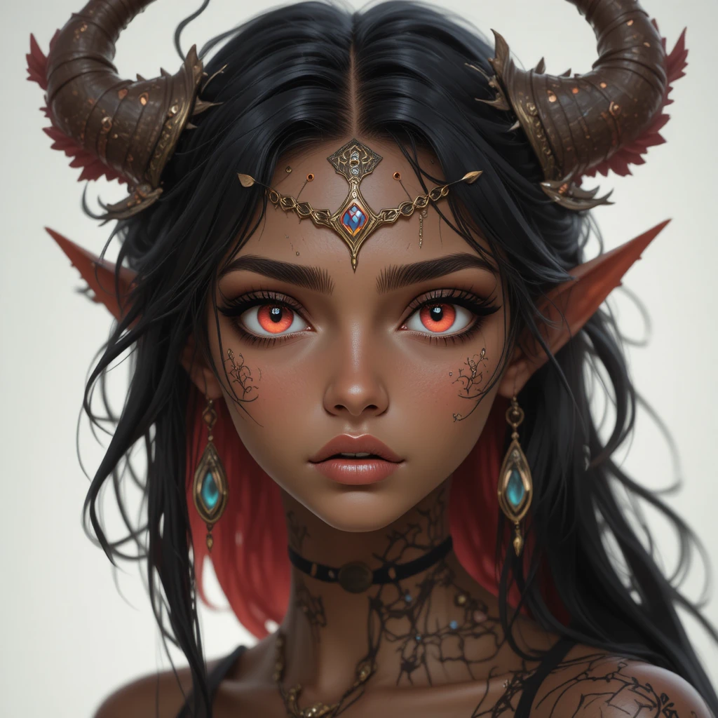 Mature fantasy goddess with pink eyes and red black hair