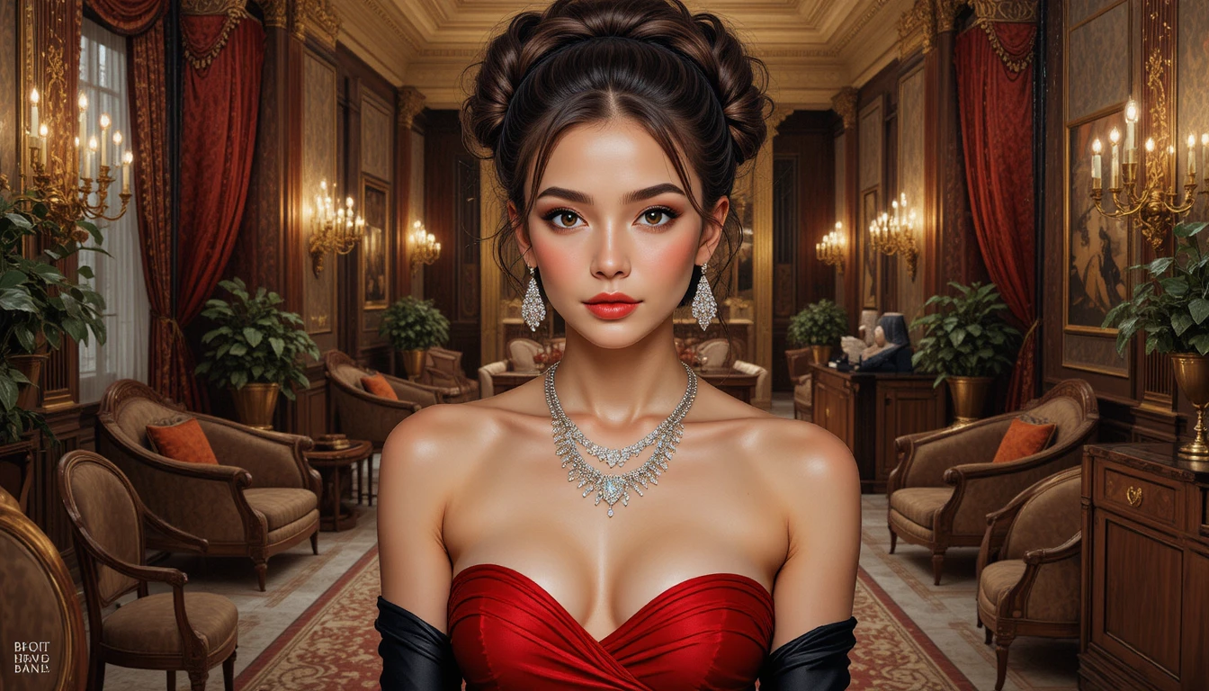 Elegant young woman in red dress in classical room
