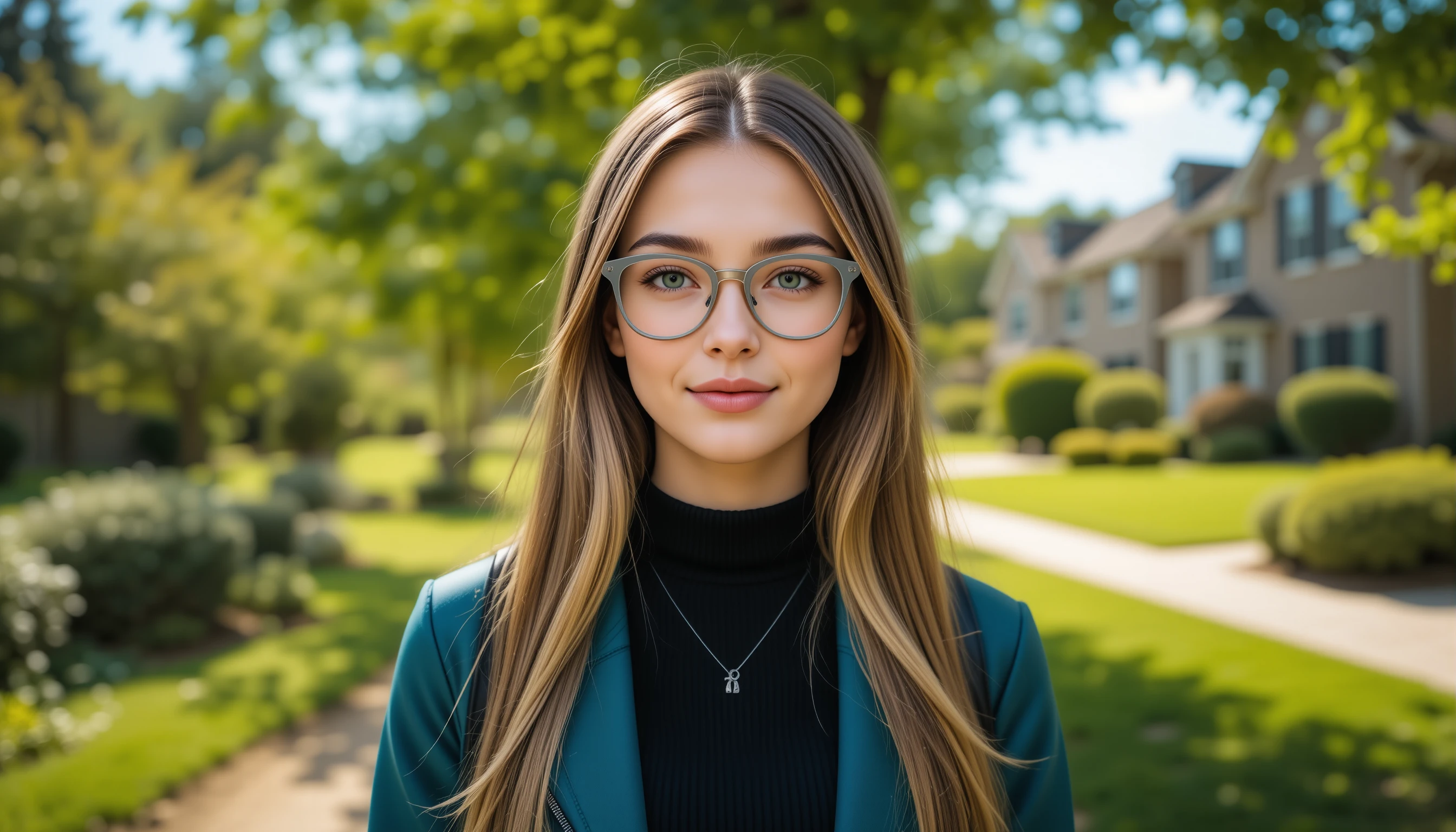 Jovem mulher de óculos em retrato ao ar livre em close-up