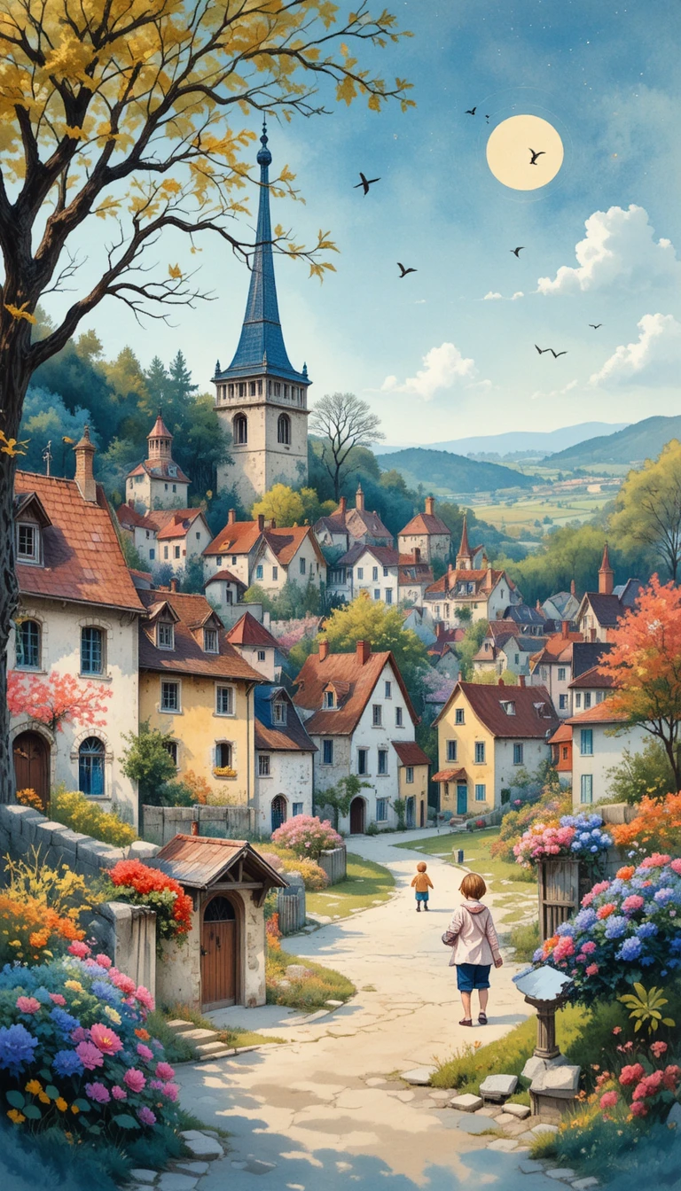 Ilustração em aquarela divertida de uma aconchegante vila francesa