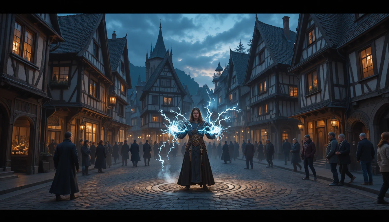 Mage Lançant un Sort dans la Place d’une Ville Fantastique au Crépuscule