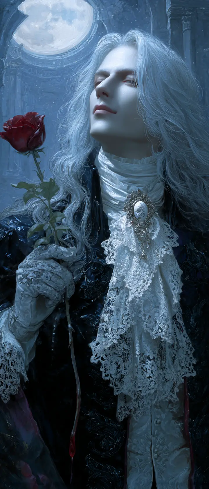 Noble vampire with silver hair in moonlit ruins