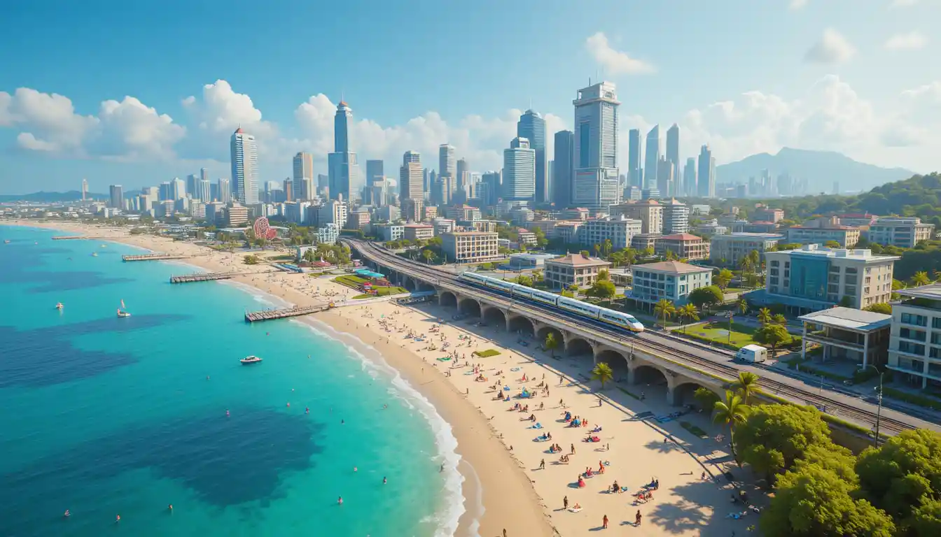 Lebendige Küstenstadt-Skyline mit Strand und modernen Zügen