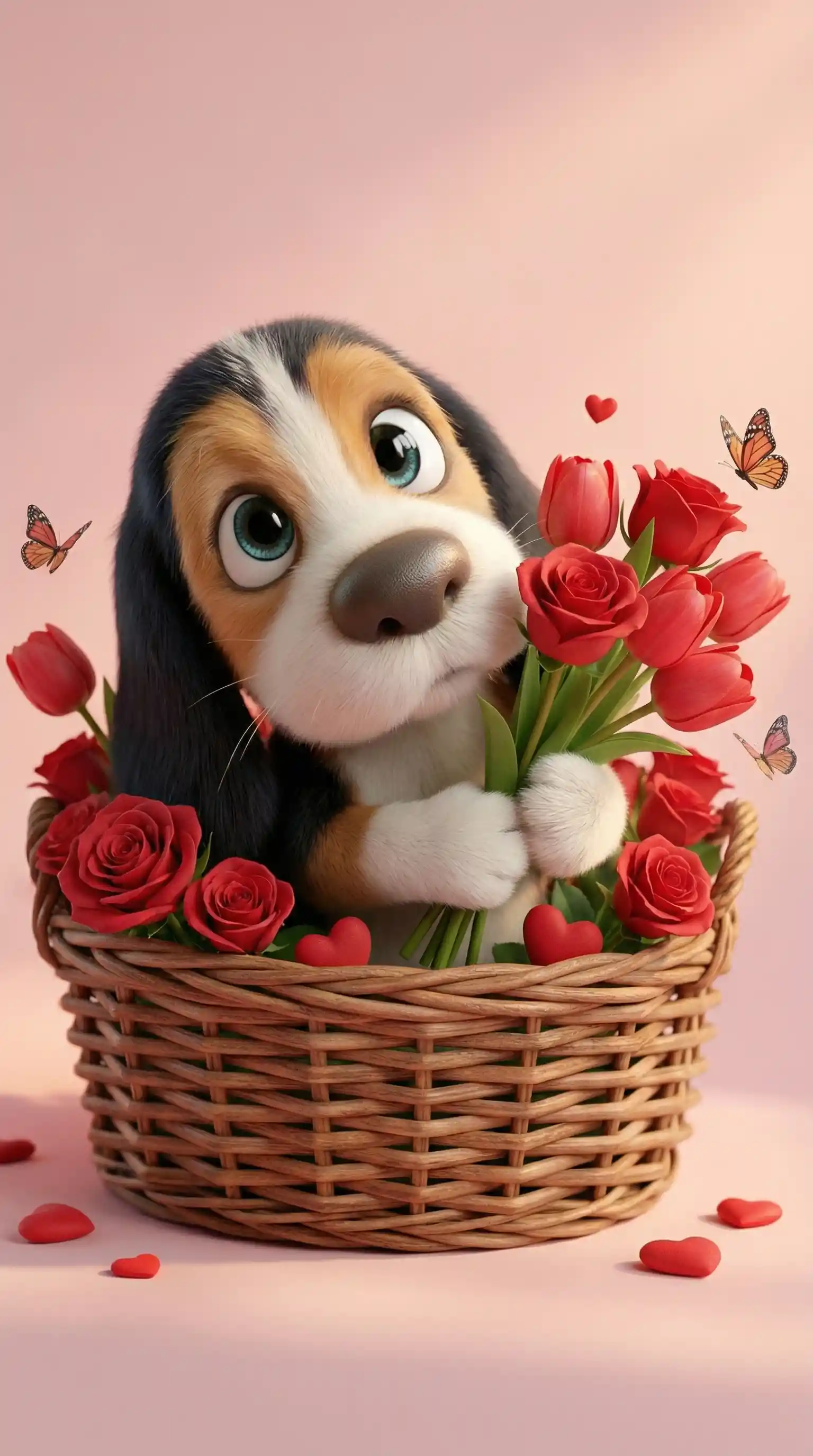 Adorable 3D Puppy In Basket With Red Valentine Flowers