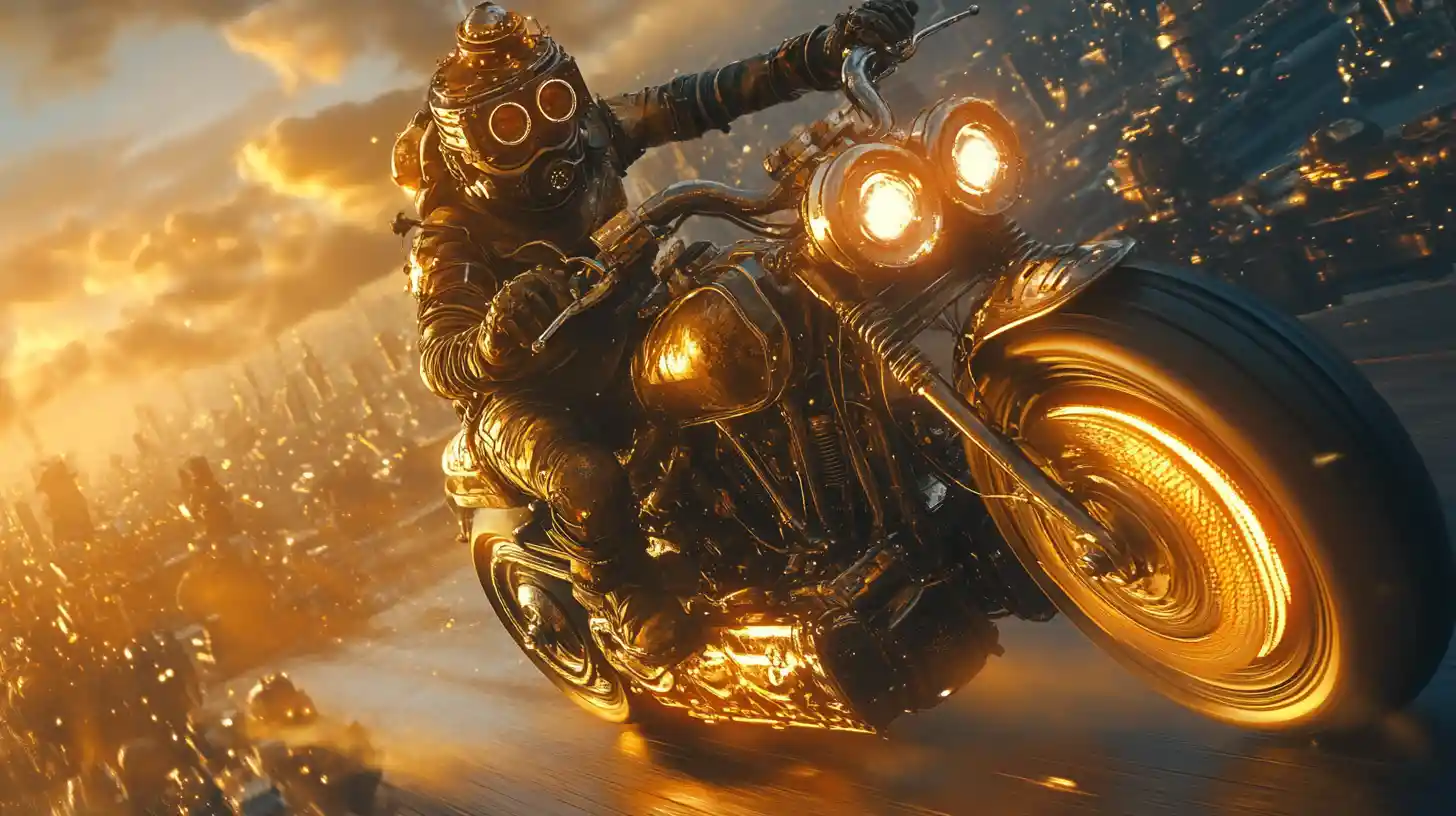 Steampunk-Biker fährt auf einer kosmischen Autobahn im goldenen Licht