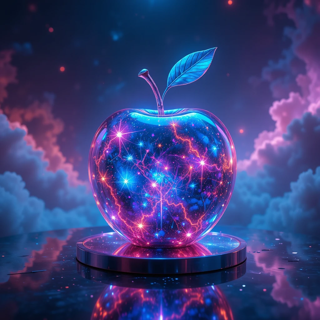 Glowing Glass Apple With Cosmic Nebula Patterns On Metal Table