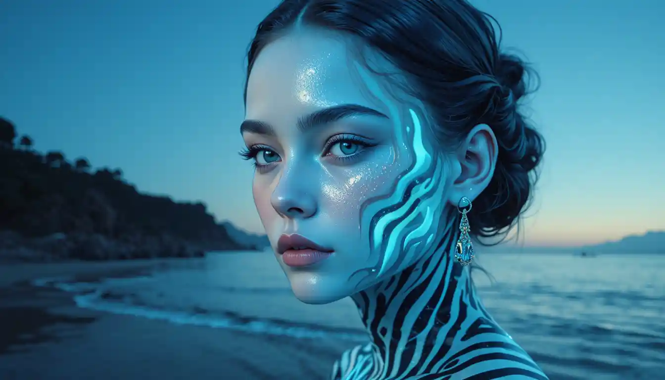 Paisagem marinha em neon azul com penhasco costeiro escuro à noite