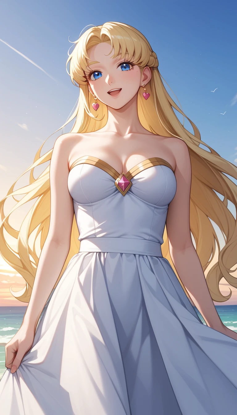 Smiling blonde anime girl at sunset in soft focus