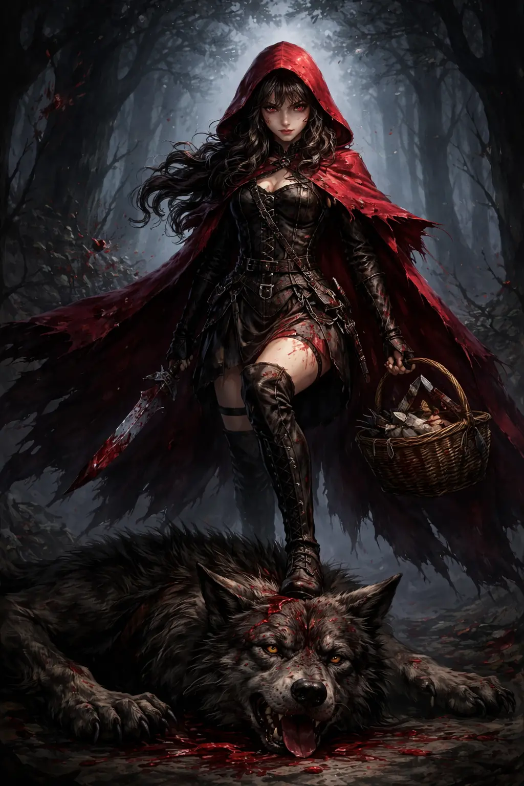Defiant red cloaked girl facing a wounded wolf