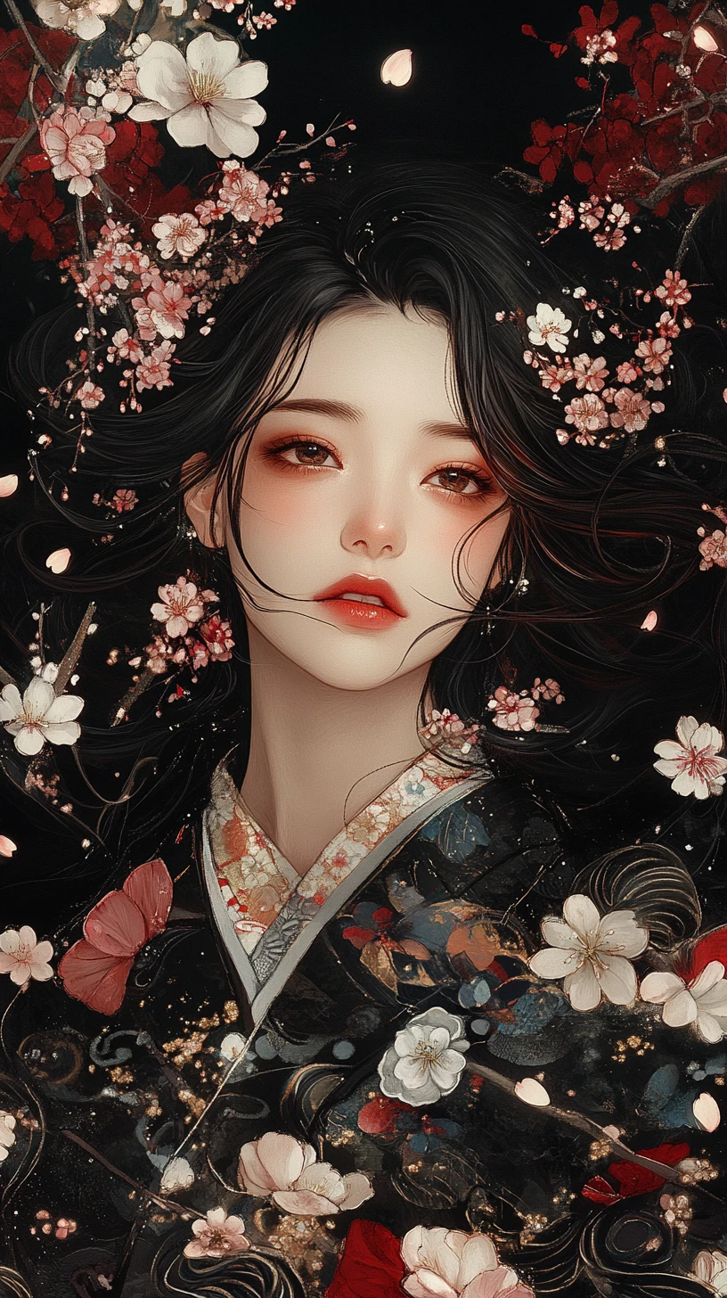 Japanische Frau im kunstvollen Kimono mit Kirschblüten-Haarschmuck