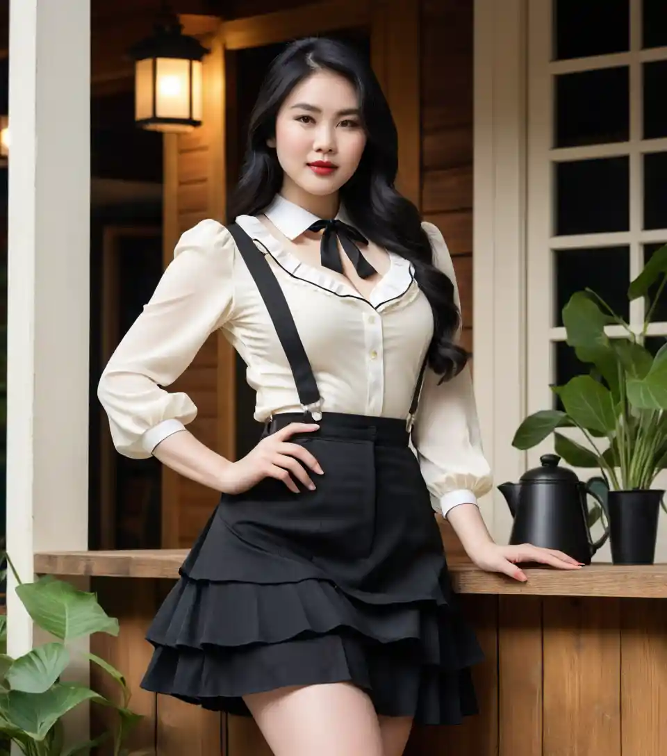 霓虹咖啡吧中的復古裝越南女子