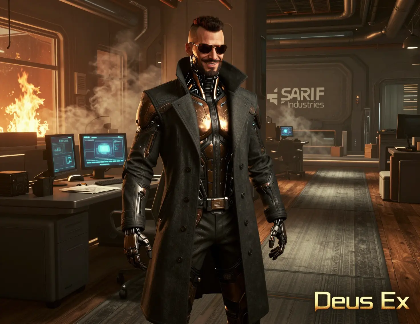 Augmented cyberpunk detective in a burning futuristic office