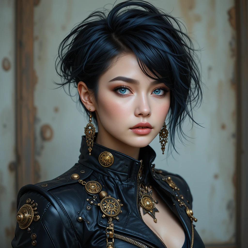 Edgy Frau mit blauen Augen im Steampunk-Lederjacken-Porträt