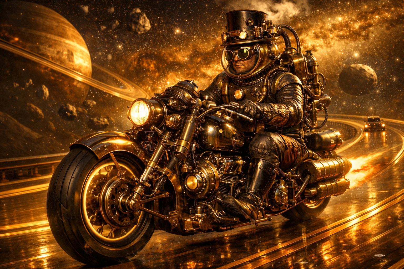 Jinete steampunk acelera por la autopista cósmica bajo una luz dorada