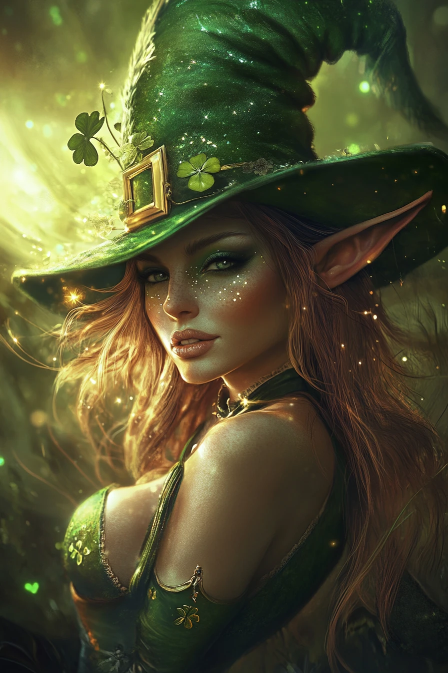 Whimsical female leprechaun with radiant starburst background