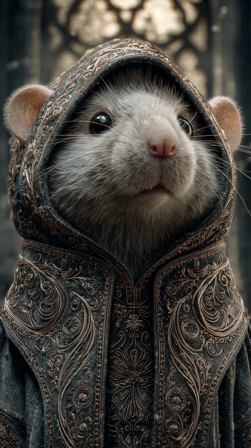 Rata esponjosa y adorable con sudadera adornada en ciudad gótica