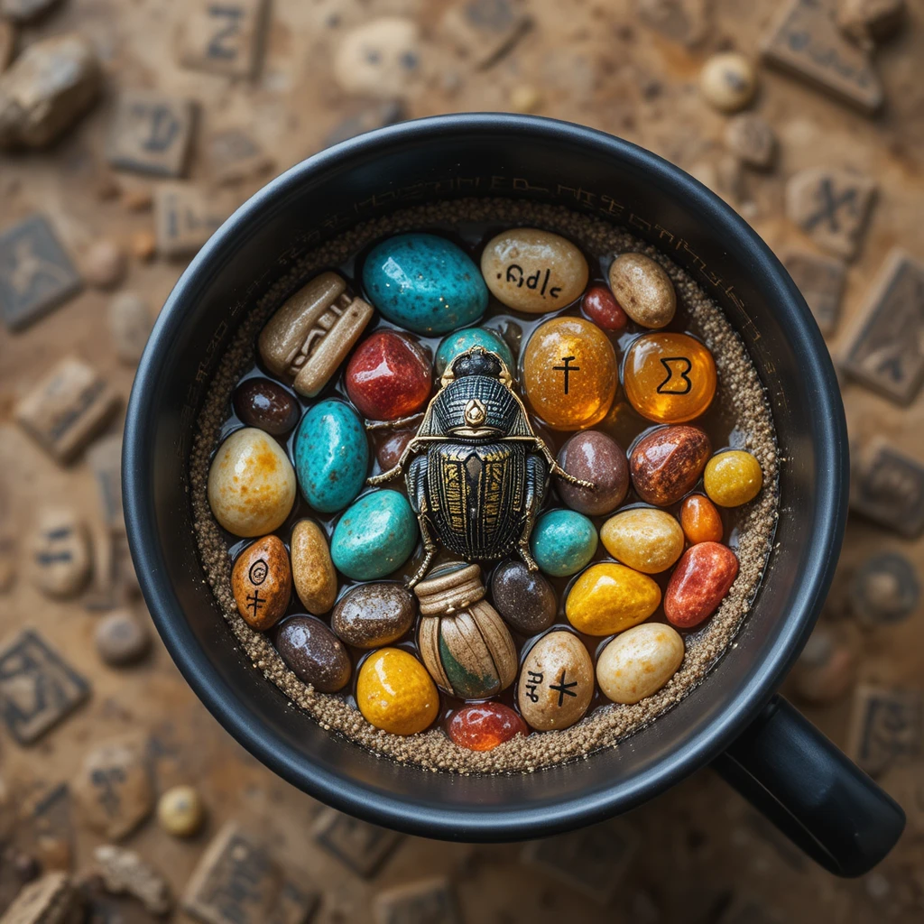 Taza de café negra con piedras de colores y símbolos egipcios