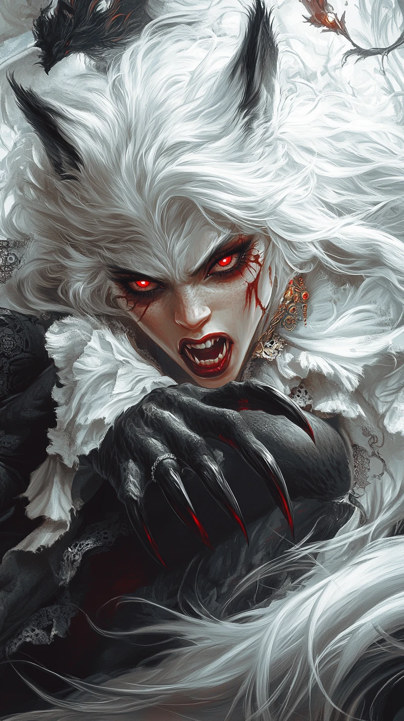 Retrato de mujer hombre lobo feroz con ojos rojos brillantes