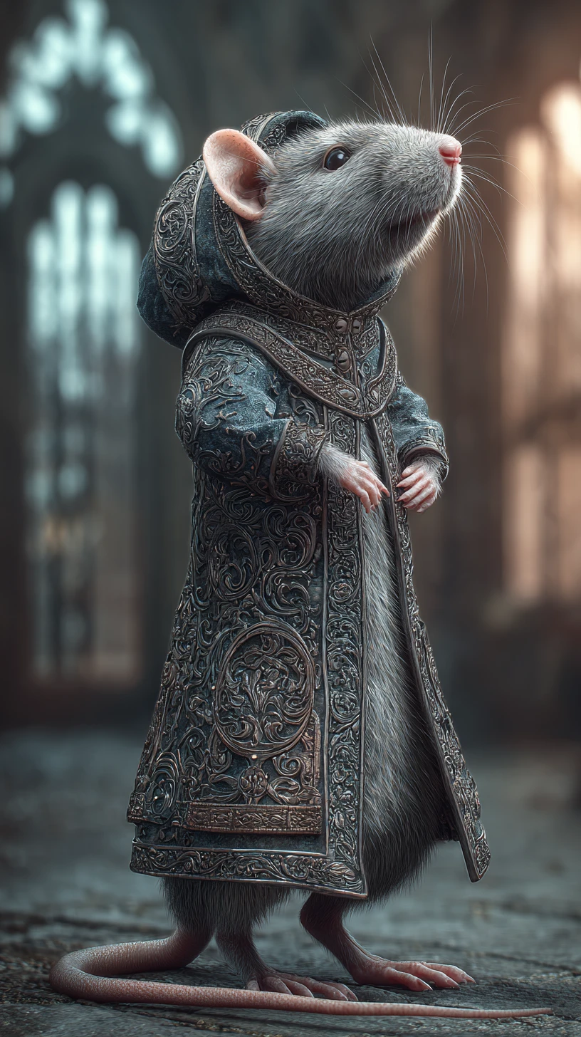 Rata adorable con sudadera ornamentada en una ciudad gótica de fantasía