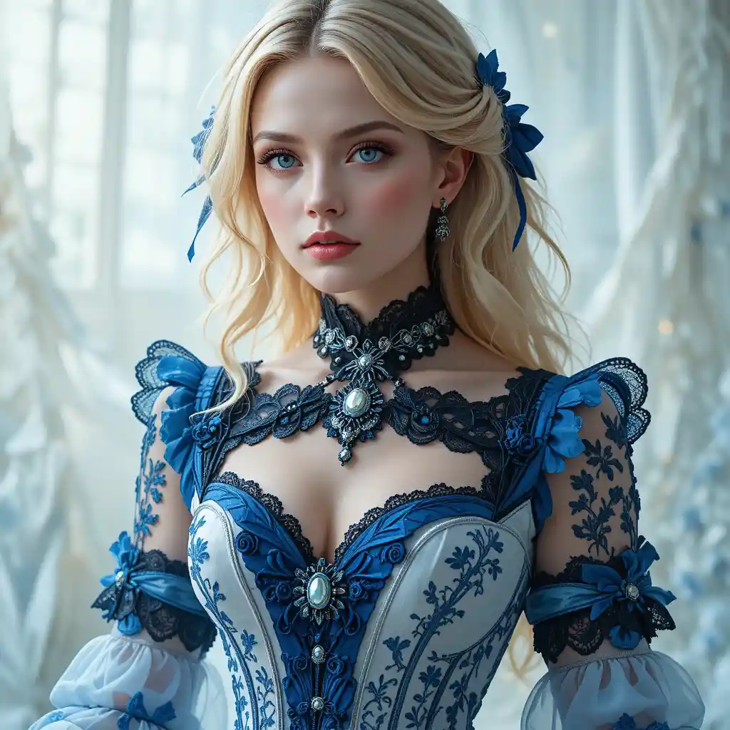 Élégante femme fantastique en robe gothique lolita bleue